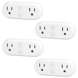 Four smart Wi-Fi plugs, each with two outlets and a compact design, featuring power buttons and compatible with smart home systems.