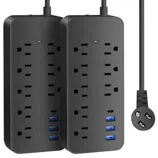 Two black power strips, each with eight outlets and three USB ports, feature a flat plug design.