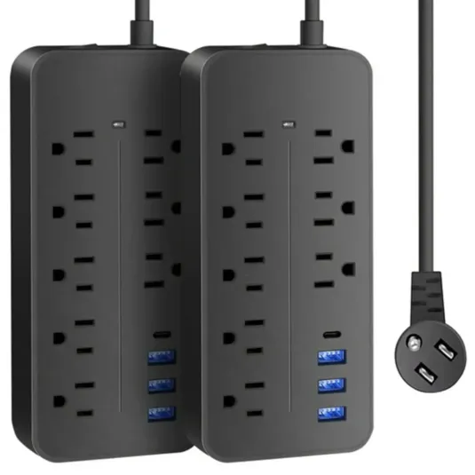 Two black power strips, each with eight outlets and three USB ports, feature a flat plug design.