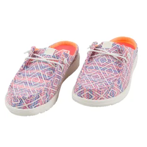 Casual slip-on shoes with a multicolored geometric pattern, featuring white laces and a white sole, with a bright orange inner lining.