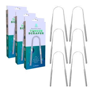 Six stainless steel tongue scrapers, each with a U-shaped design for oral hygiene, are shown alongside three boxes labeled \“Tongue Scraper\“ with text stating they promote fresh breath and a healthier mouth.