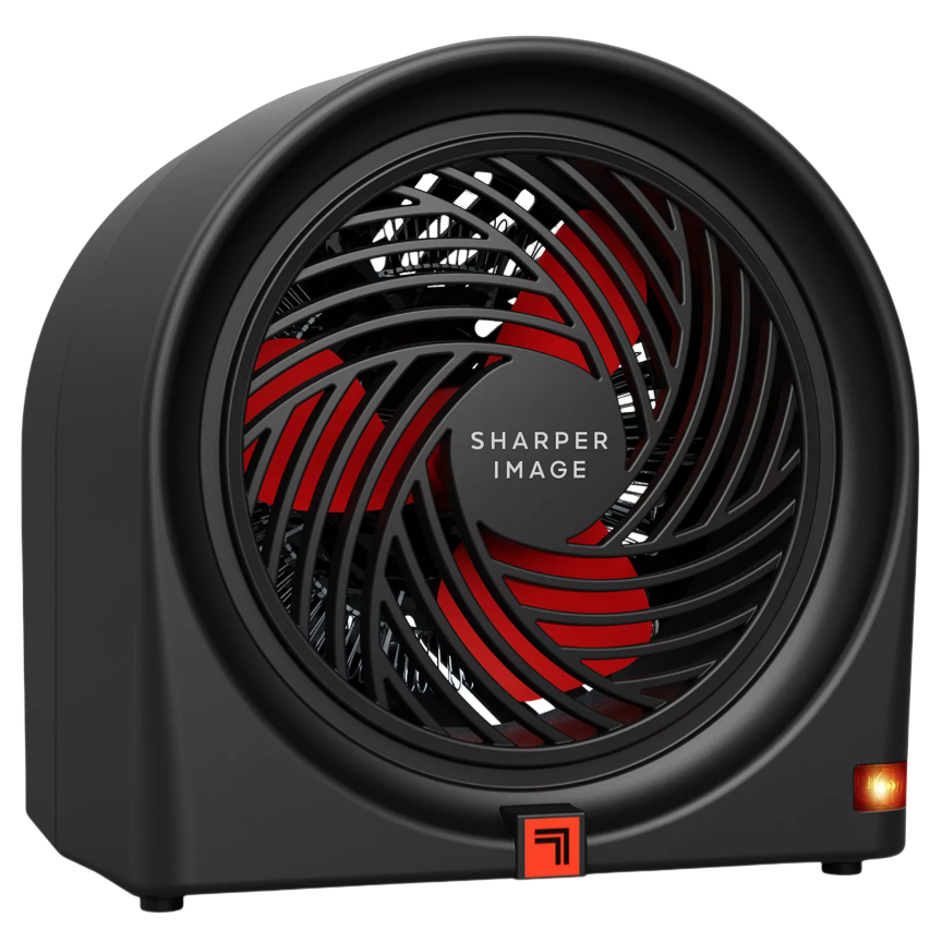 A Sharper Image rectangular small fan with black casing and red fan blades, featuring a front grille and control button.