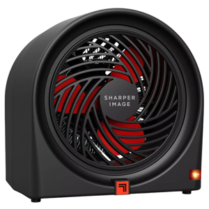 A Sharper Image rectangular small fan with black casing and red fan blades, featuring a front grille and control button.