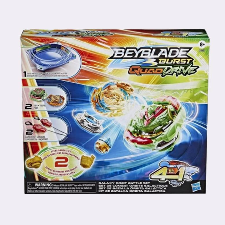 This is the Beyblade Burst QuadDrive Galaxy Orbit Battle Set by Hasbro, featuring 2 Beyblade tops and a convertible QuadDrive Beystadium arena for battles.