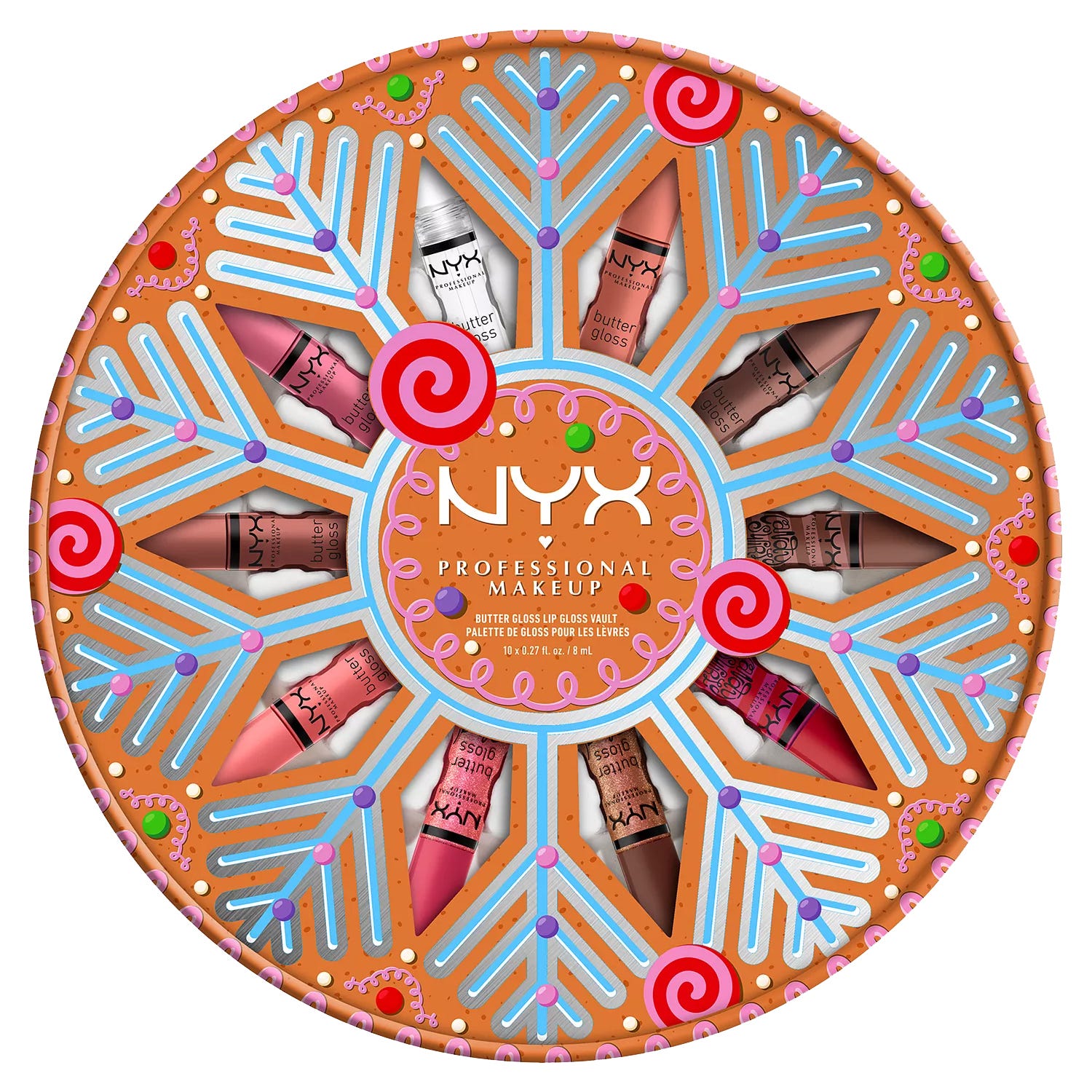 NYX Professional Makeup Butter Gloss Lip Gloss Vault with festive packaging contains 10 lip glosses in various shades.