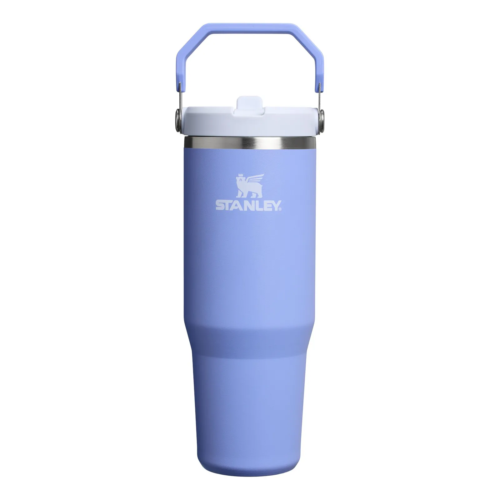 A light blue Stanley tumbler with a handle, featuring a stainless steel band near the top and white lid.