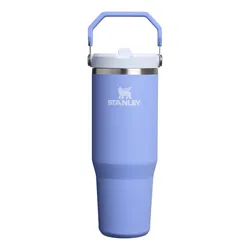 A light blue Stanley tumbler with a handle, featuring a stainless steel band near the top and white lid.