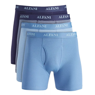 A set of three men's boxer briefs in different shades of blue, with branded waistbands.