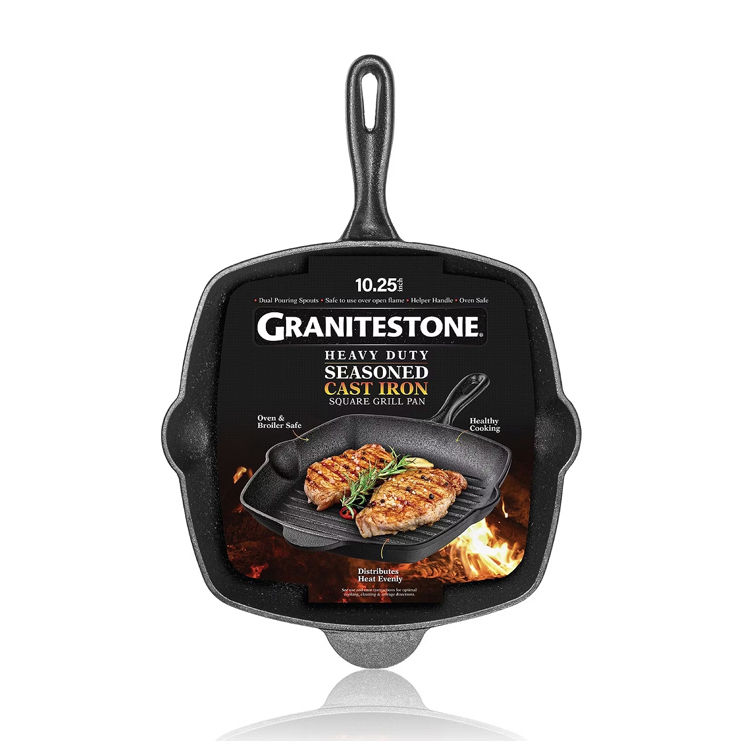 Granitestone seasoned cast iron square grill pan, 10.25 inches, with dual pouring spouts and helper handle, oven and broiler safe.