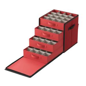 A red storage organizer with four pull-out drawers, each containing individual compartments. The unit has a handle on the side and a front flap designed for additional closure or coverage.
