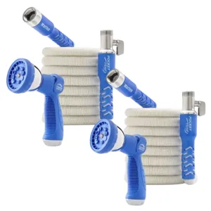 Two blue and white expandable garden hoses with spray nozzles, featuring a coiled design and sturdy connectors.
