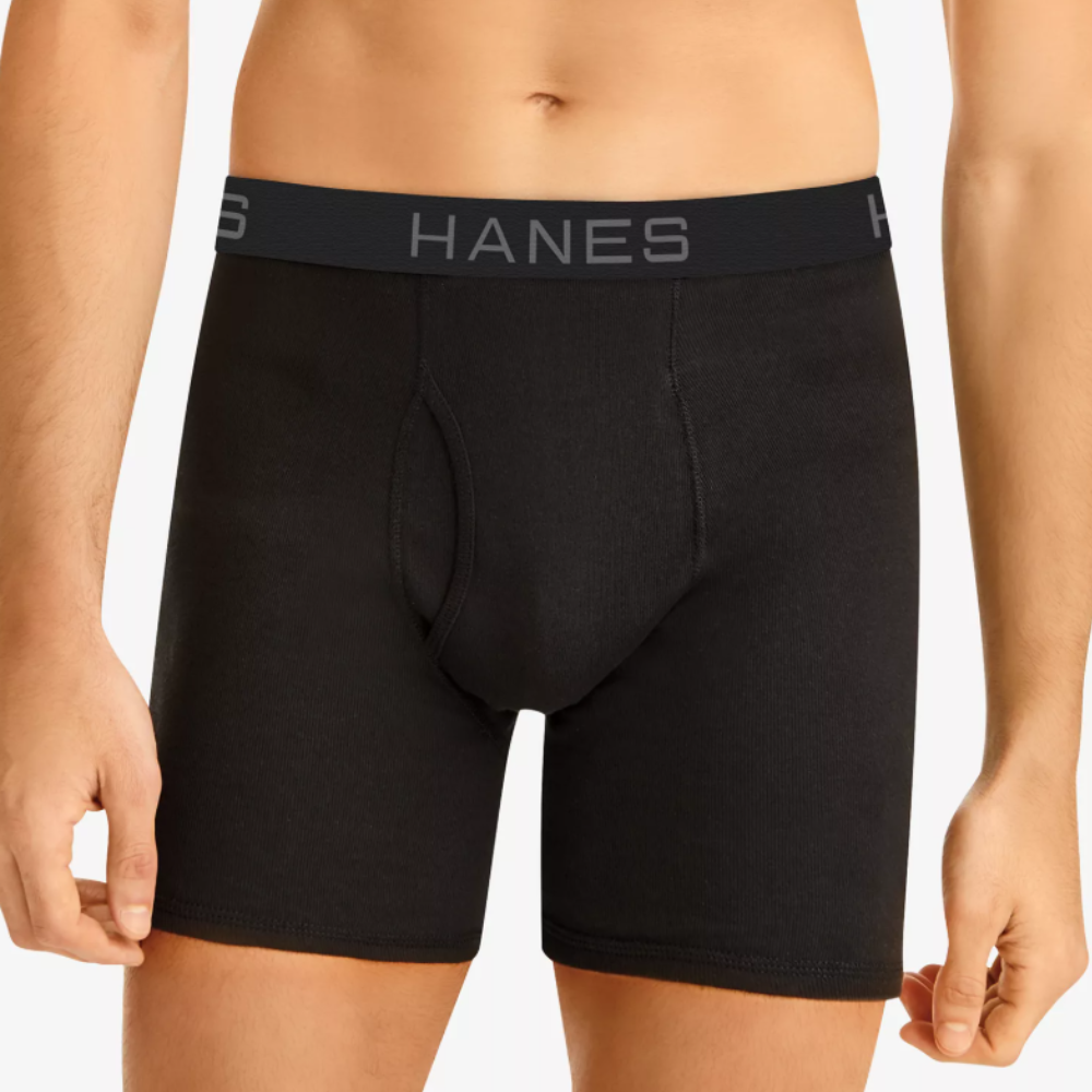 Black boxer briefs with a black waistband featuring the brand name \“HANES\“ in gray lettering.