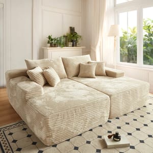 A plush, cream-colored sectional sofa with ribbed texture and several matching cushions sits in a bright living room with large windows, a patterned rug, and potted plants on a mantel.