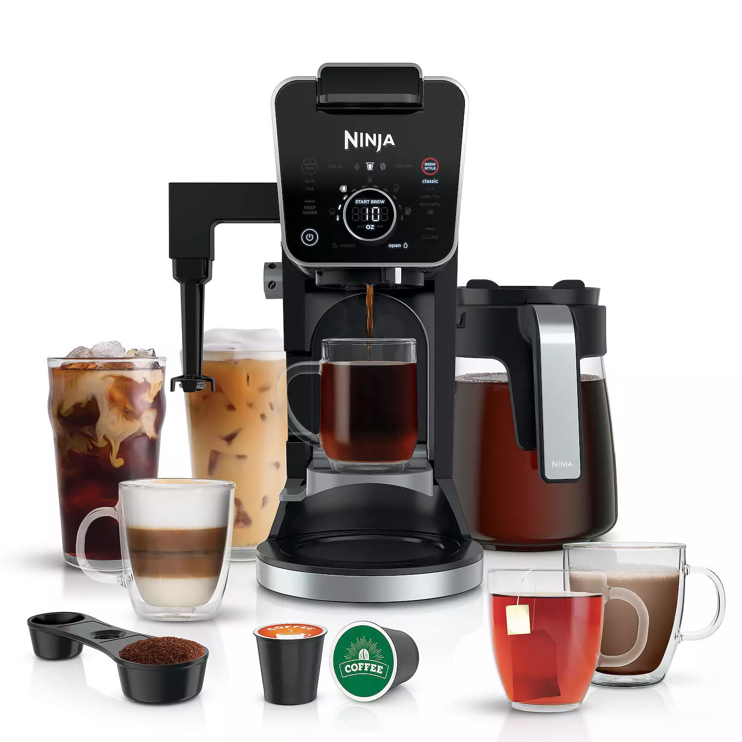 The Ninja DualBrew is a multifunctional coffee maker capable of brewing both ground coffee and coffee pods. It includes a frother and can make various drinks like iced coffee, lattes, and more.