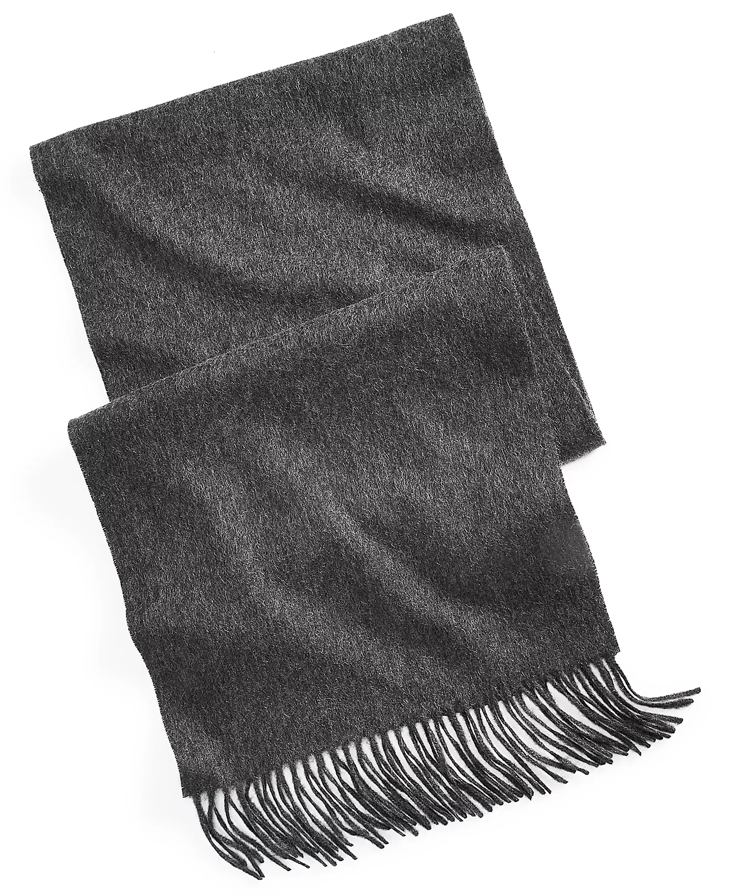 Dark gray scarf with fringe detailing at the ends, made from a soft, textured fabric.