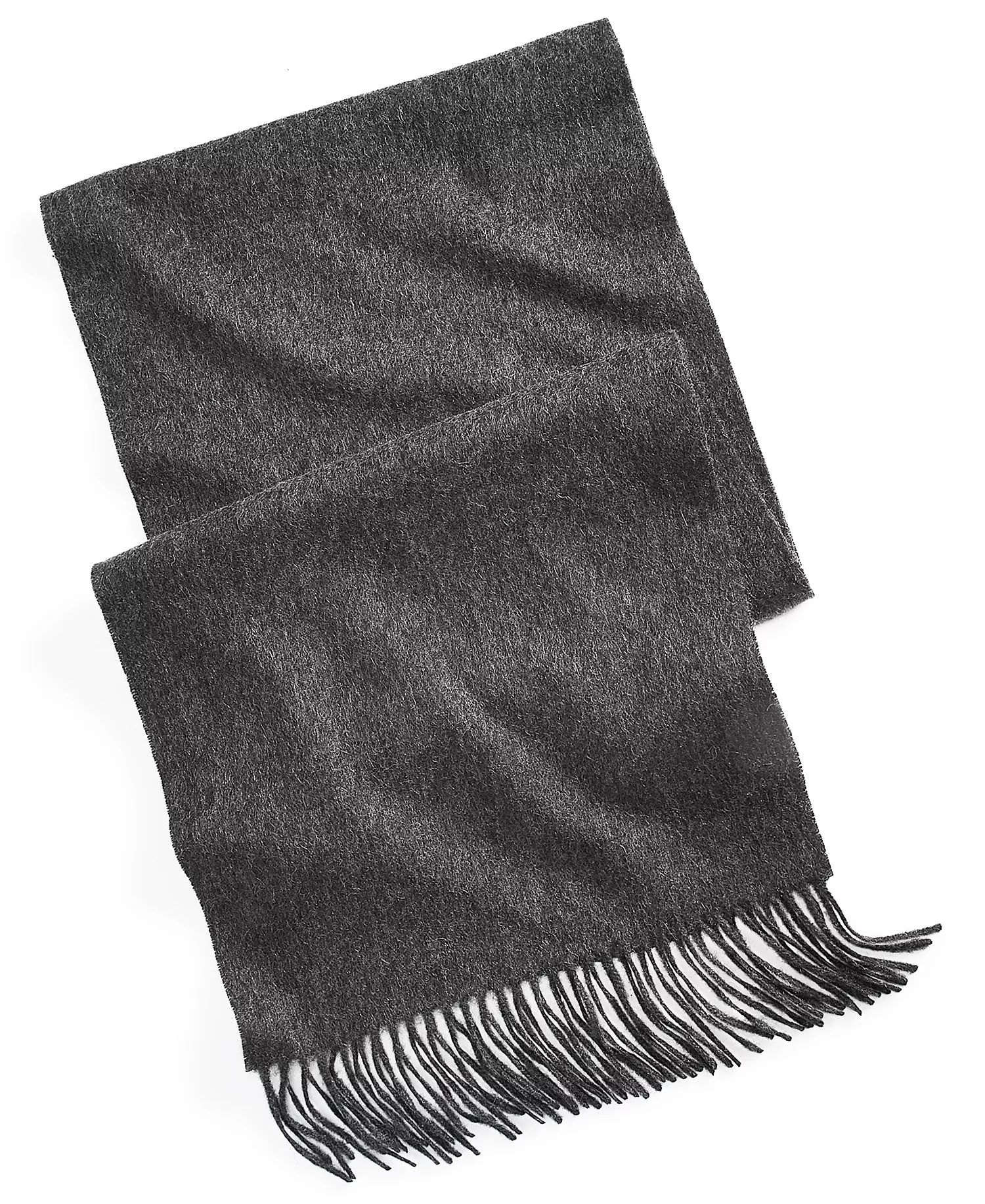 Dark gray scarf with fringe detailing at the ends, made from a soft, textured fabric.