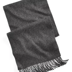 Dark gray scarf with fringe detailing at the ends, made from a soft, textured fabric.