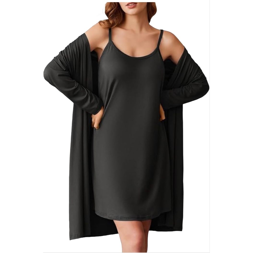 A black sleeveless nightgown with thin straps, paired with a matching long-sleeve robe. The gown is thigh-length with a relaxed fit, and the robe is open with dropped shoulders.