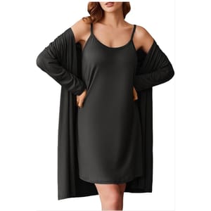 A black sleeveless nightgown with thin straps, paired with a matching long-sleeve robe. The gown is thigh-length with a relaxed fit, and the robe is open with dropped shoulders.