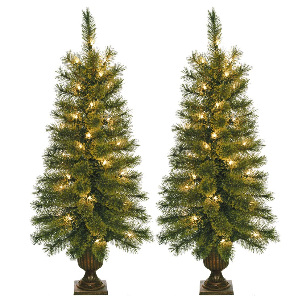 Two identical artificial porch trees approximately 3.5 feet tall, pre-lit with white lights, presented in a classic planter-style base.