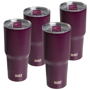 Four purple insulated tumblers with clear lids, each labeled \“BUILT,\“ designed for keeping beverages hot or cold.