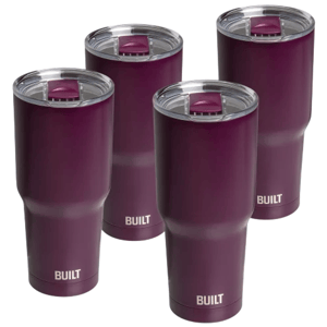 Four purple insulated tumblers with clear lids, each labeled \“BUILT,\“ designed for keeping beverages hot or cold.