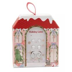 Holiday Lane cubic zirconia and sterling silver earring set, packaged in a festive house-shaped box with Christmas decorations. Includes two pairs of stud earrings and a pair of hoops.