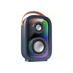 A portable speaker with a two-tone design featuring neon horizontal stripes and a leather-like handle at the top.