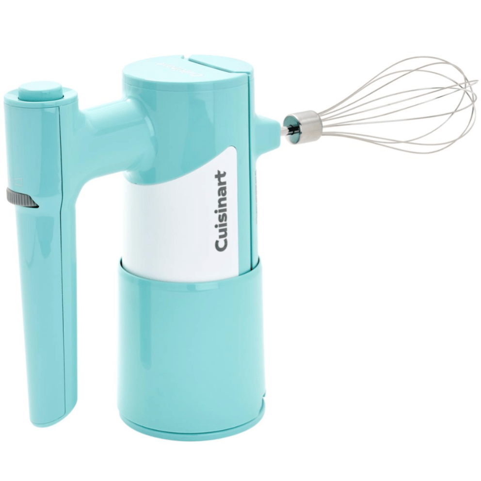 A teal Cuisinart electric hand mixer with an attached whisk. The device has a cylindrical design with a handle and a switch for operation.