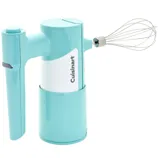 A teal Cuisinart electric hand mixer with an attached whisk. The device has a cylindrical design with a handle and a switch for operation.