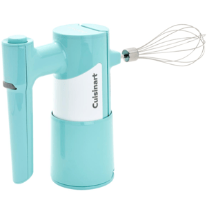 A teal Cuisinart electric hand mixer with an attached whisk. The device has a cylindrical design with a handle and a switch for operation.