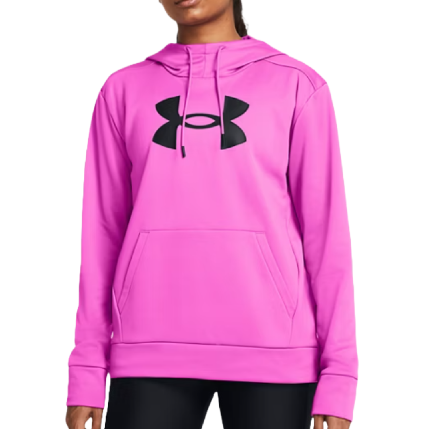 A pink Under Armour hoodie featuring a large black logo on the front, complete with a front pocket and drawstring hood.
