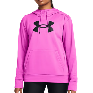 A pink Under Armour hoodie featuring a large black logo on the front, complete with a front pocket and drawstring hood.