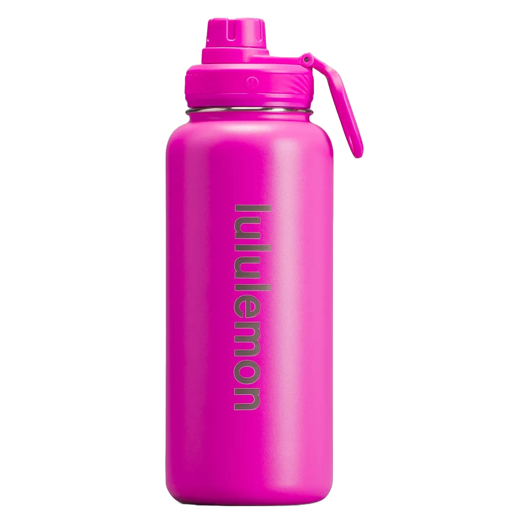 Bright pink lululemon Back to Life Sport Bottle with a wide mouth, secure lid with a flip handle, and stylish logo design. Suitable for active use.