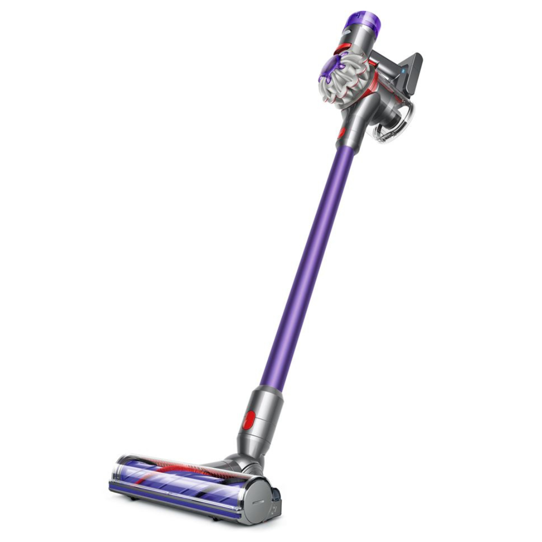 Cordless stick vacuum cleaner with a purple shaft, featuring a motorized cleaner head and ergonomic handle design.