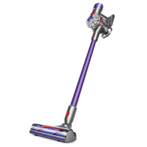 Cordless stick vacuum cleaner with a purple shaft, featuring a motorized cleaner head and ergonomic handle design.