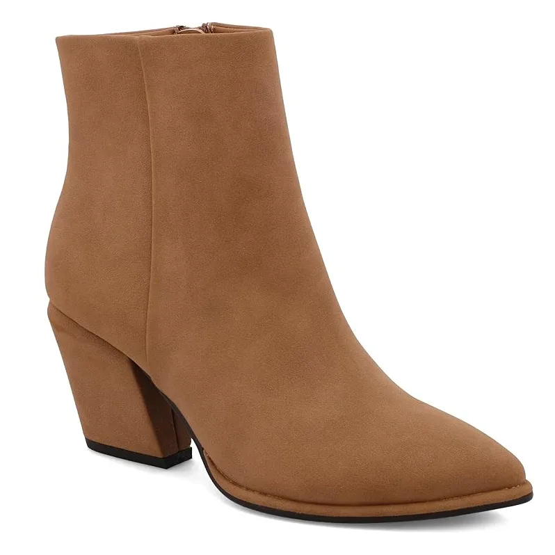 Tan ankle booties with a sleek design, featuring a pointed toe and block heel. They have a smooth, suede-like finish with a side zipper closure.