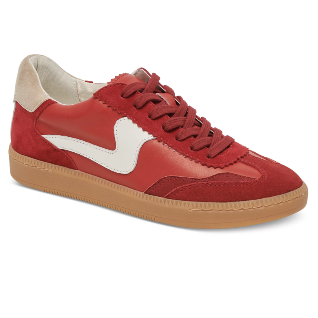 A red sneaker with suede and leather panels, featuring a white wavy stripe on the side, red laces, and a tan rubber sole.