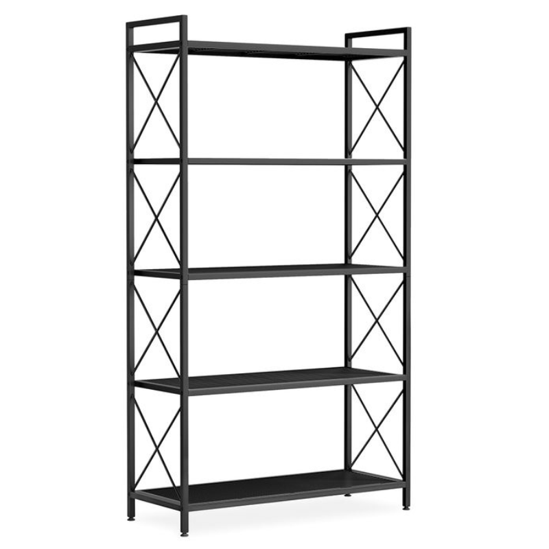 A black metal shelving unit with five shelves and X-shaped side supports.