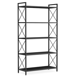 A black metal shelving unit with five shelves and X-shaped side supports.