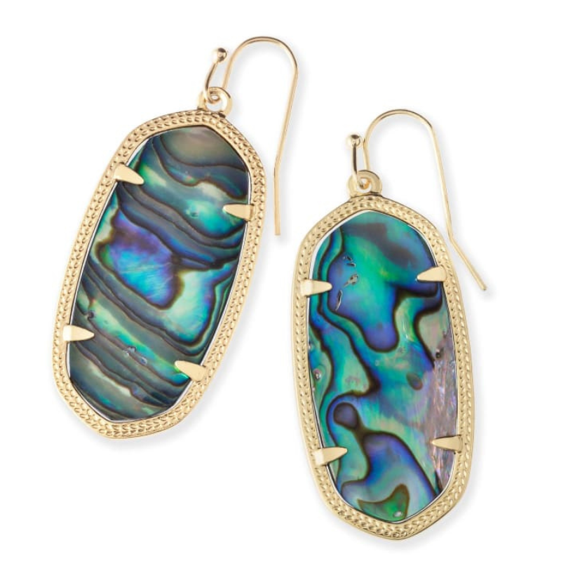 Gold-framed drop earrings with iridescent abalone stone, featuring a hook fastening and smooth, rectangular shape with rounded corners.