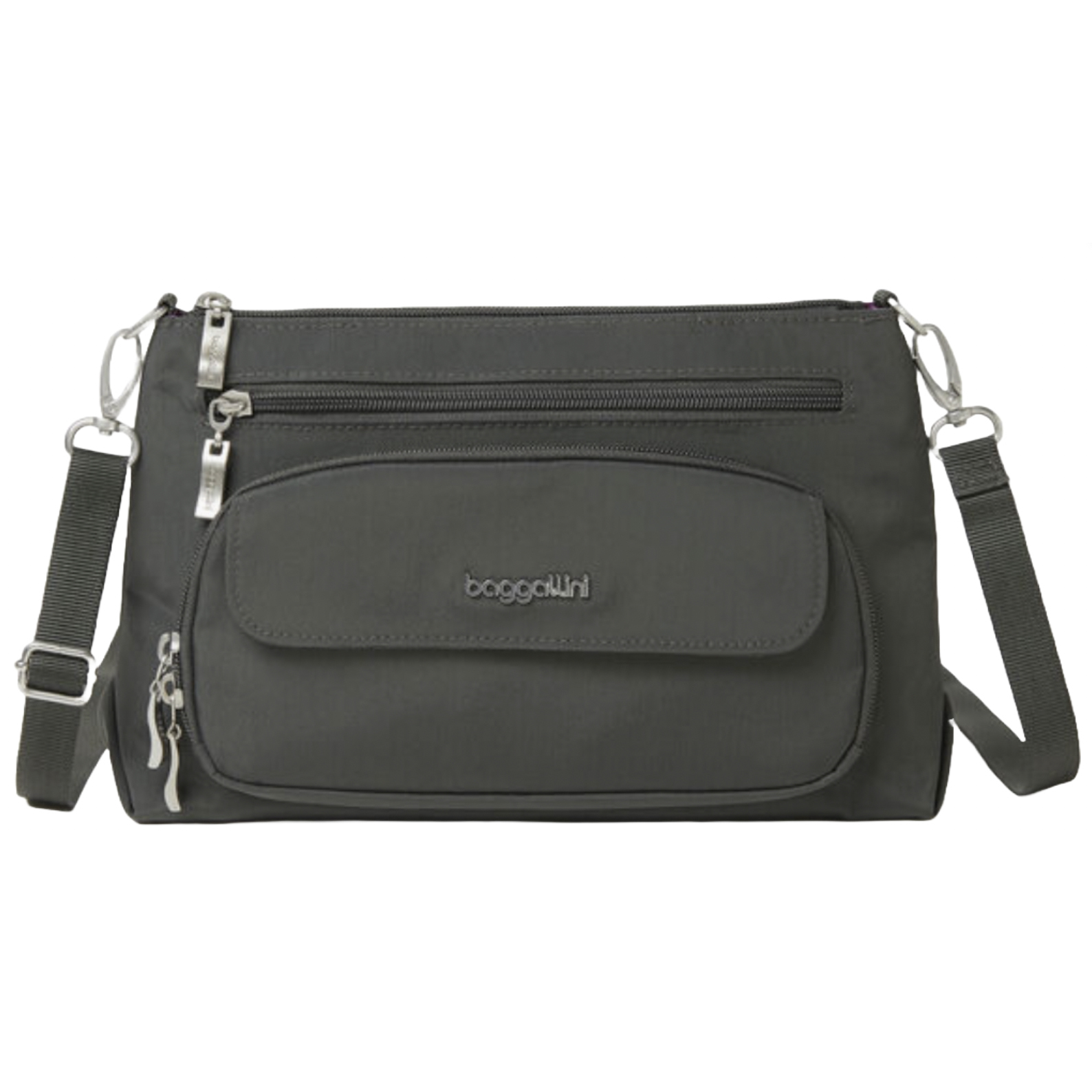 A dark gray Baggallini crossbody bag with multiple zippered compartments and an adjustable strap.