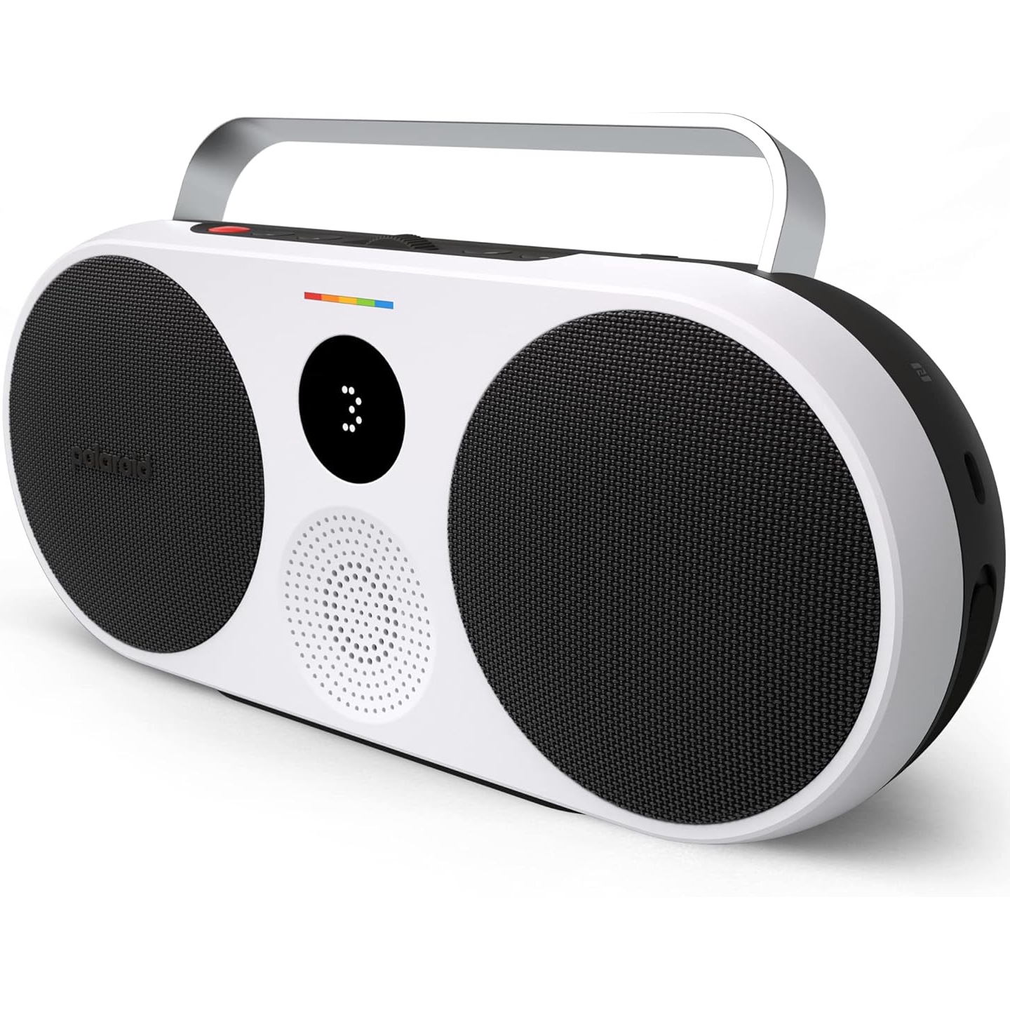 The Polaroid P3 Wireless Boombox features a retro design with two large speakers, a central display, and a carrying handle. The device is primarily white with black speaker grilles and includes a rainbow strip detail.