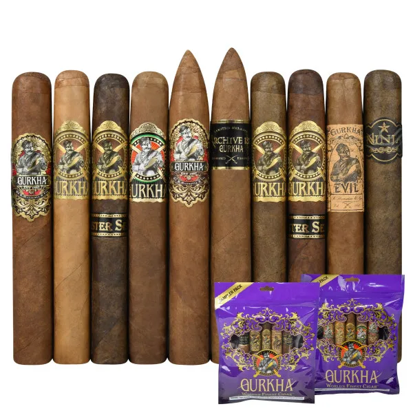 A variety of Gurkha cigars is displayed, featuring different labels and packages. Two purple packages labeled \“Gurkha World's Finest Cigar\“ are included at the bottom.