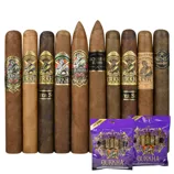 A variety of Gurkha cigars is displayed, featuring different labels and packages. Two purple packages labeled \“Gurkha World's Finest Cigar\“ are included at the bottom.