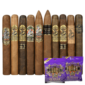 A variety of Gurkha cigars is displayed, featuring different labels and packages. Two purple packages labeled \“Gurkha World's Finest Cigar\“ are included at the bottom.