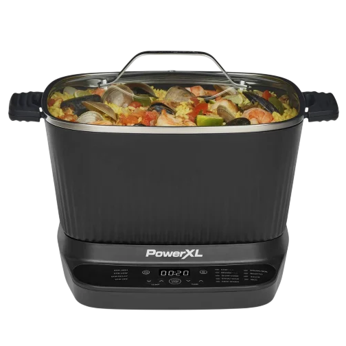 PowerXL air fryer with adjustable settings, displaying a cooking pot filled with a seafood rice dish.