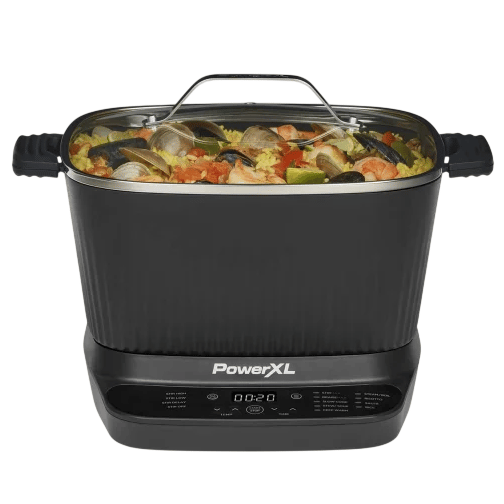 PowerXL air fryer with adjustable settings, displaying a cooking pot filled with a seafood rice dish.