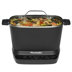 PowerXL air fryer with adjustable settings, displaying a cooking pot filled with a seafood rice dish.