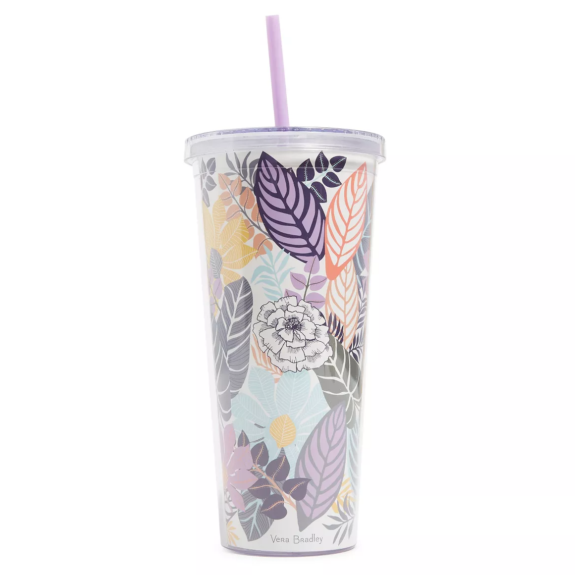 Vera Bradley 24oz tumbler features a colorful floral and leaf pattern in shades of purple, orange, and teal. It includes a clear lid and a lavender straw.